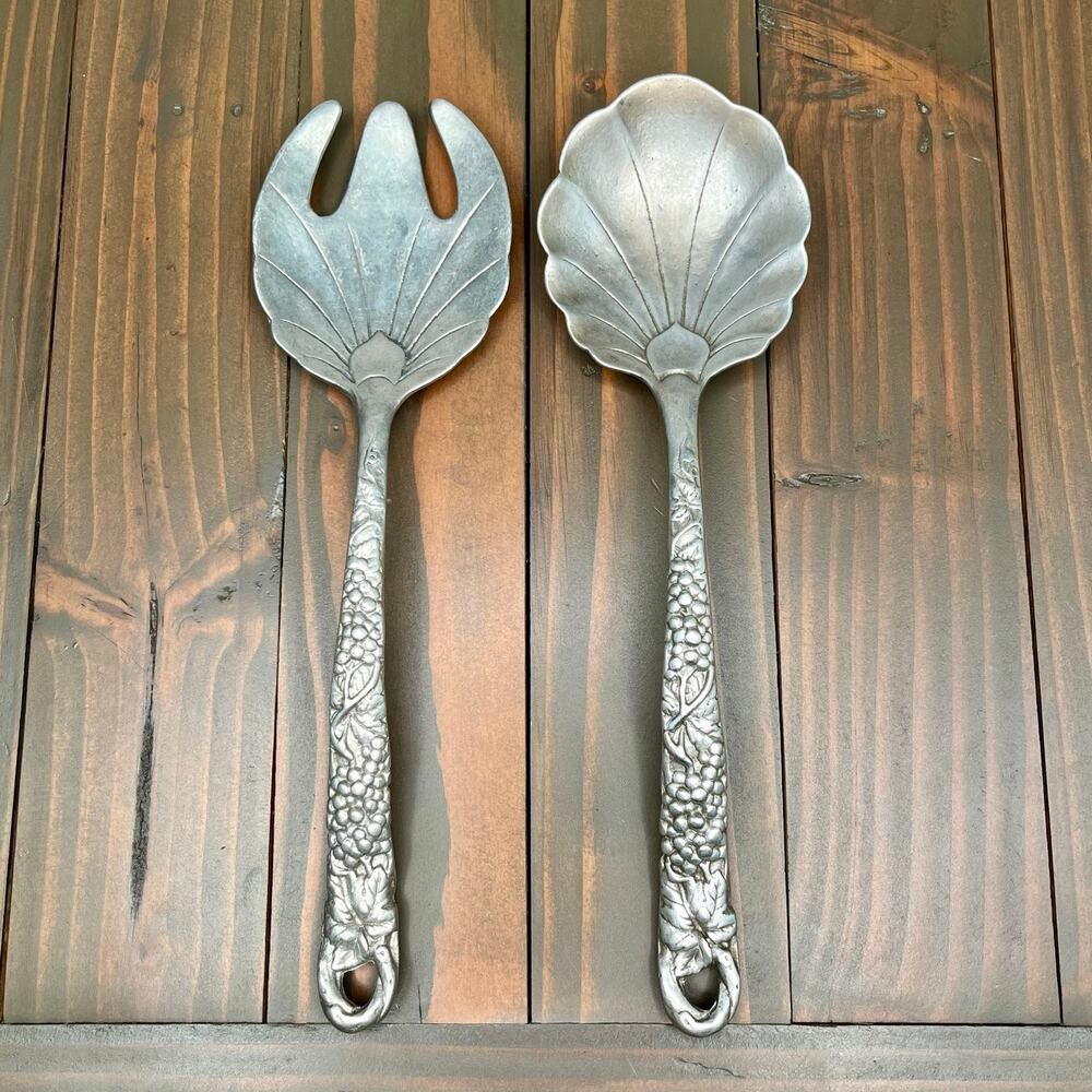 Arthur Court 1990 Vintage Aluminum Grape Leaf Salad Serving Set Spoon Fork 11"
